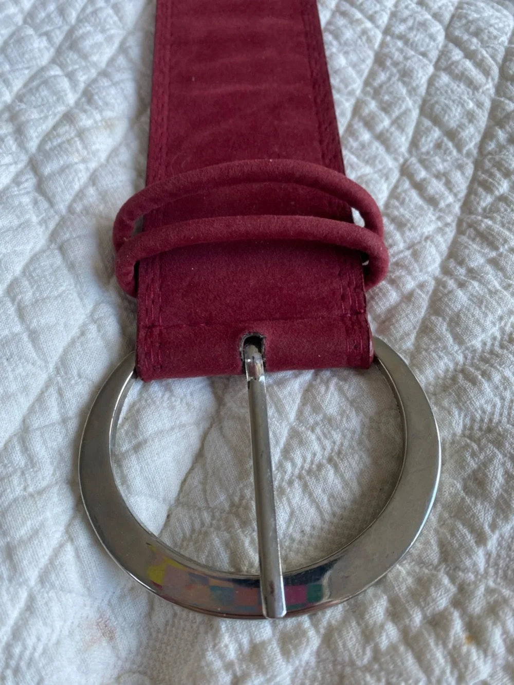 Retro 1980s style wide Burgundy Merlot Red Suede Women's Belt Silver Buckle 32”
